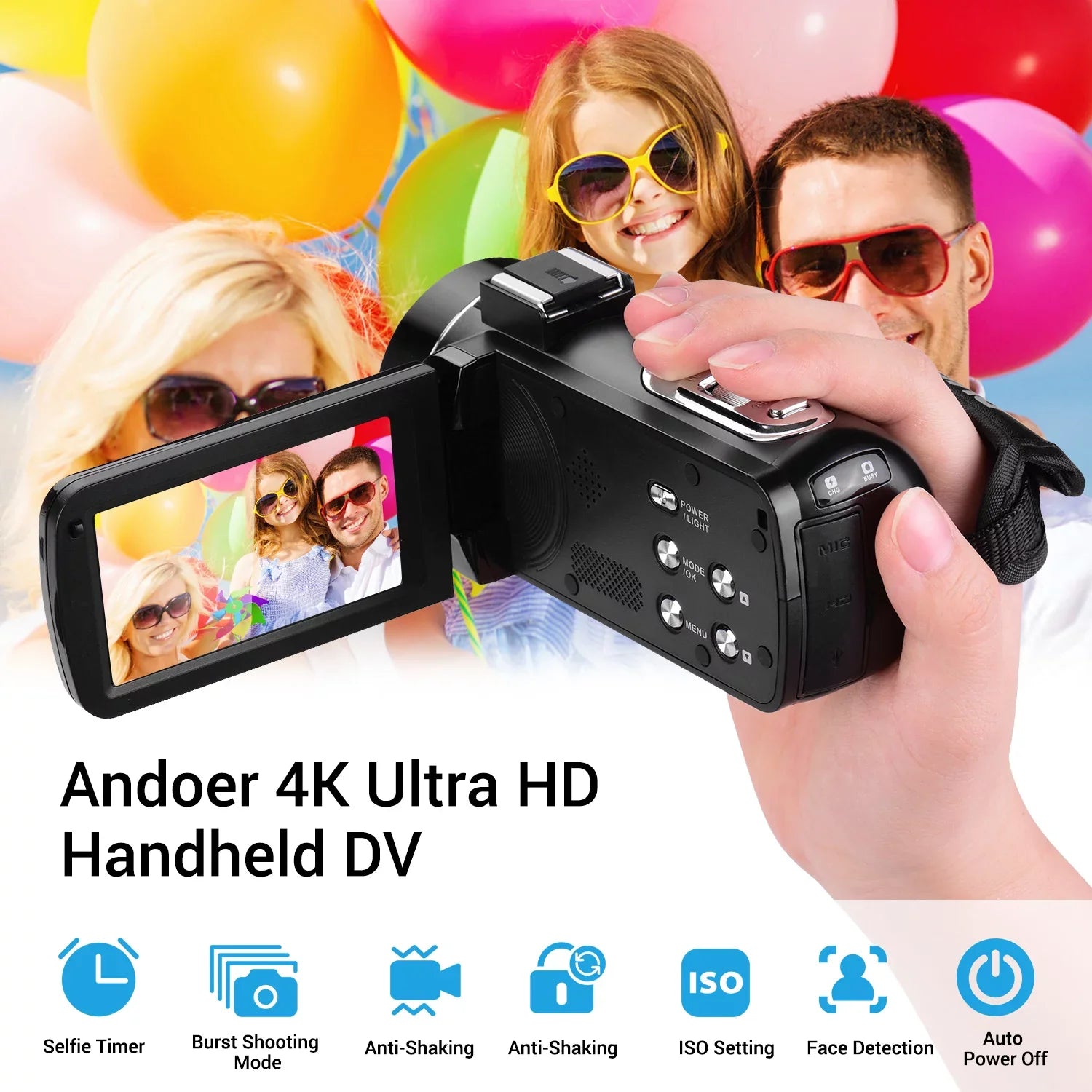 with Wide CMOS Shoe Video -Shaking Digital Handheld Monitor Function Lens 0.45X Burst Sensor Inch with Angle 3.0 DV Andoer 4K Professional Hot Macro IPS Mount Camcorder