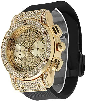 Diamond - Blast Charles Timepiece by Iced ST10311 Inspired Faux on Eyes - (Gold Hip Chrono Big Watch Bling - Mens Rhinestones Cuban) Out Rubber - Hop Raymond