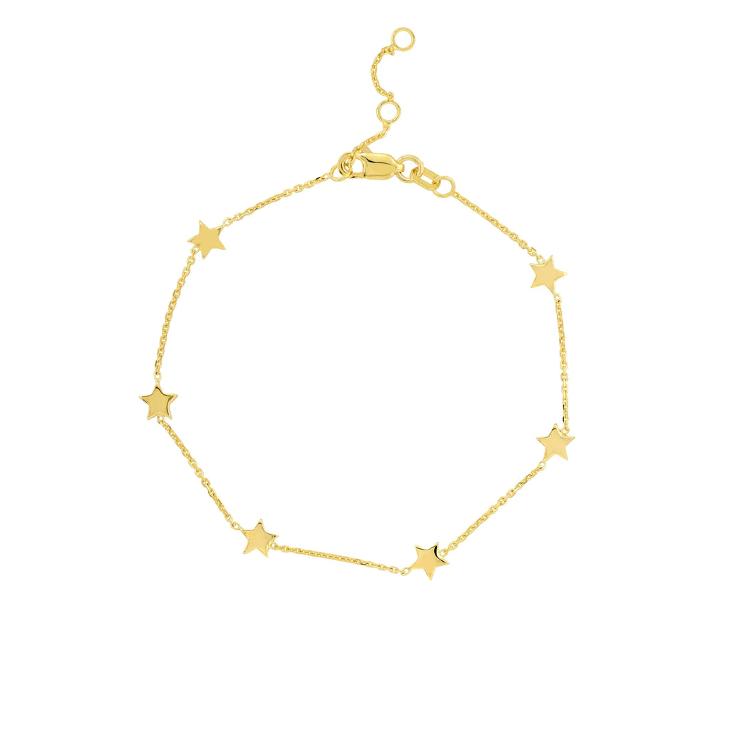 14K - Gold Star Stationed 6 7.25" Adj. Women Bracelet Yellow