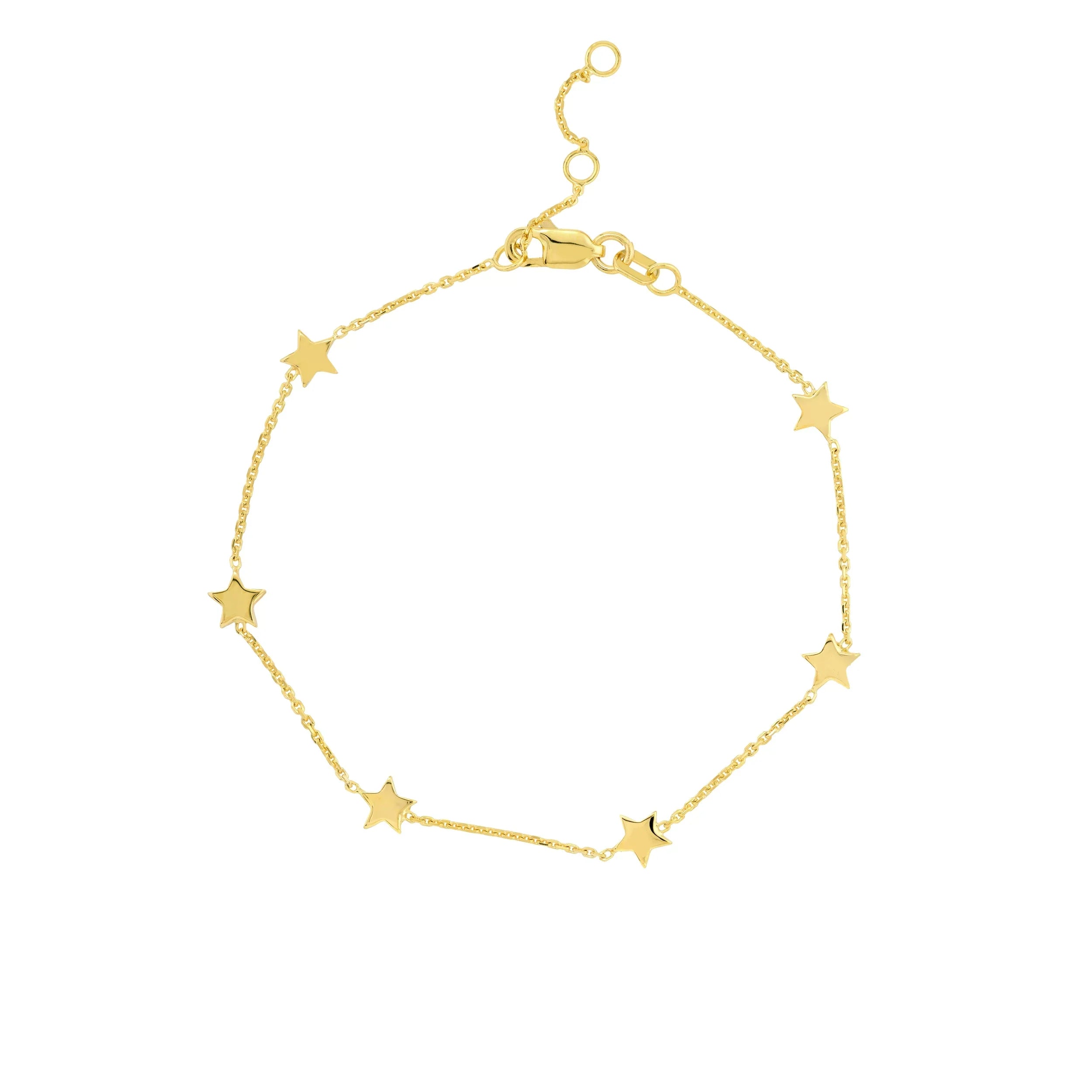 14K - Gold Star Stationed 6 7.25" Adj. Women Bracelet Yellow