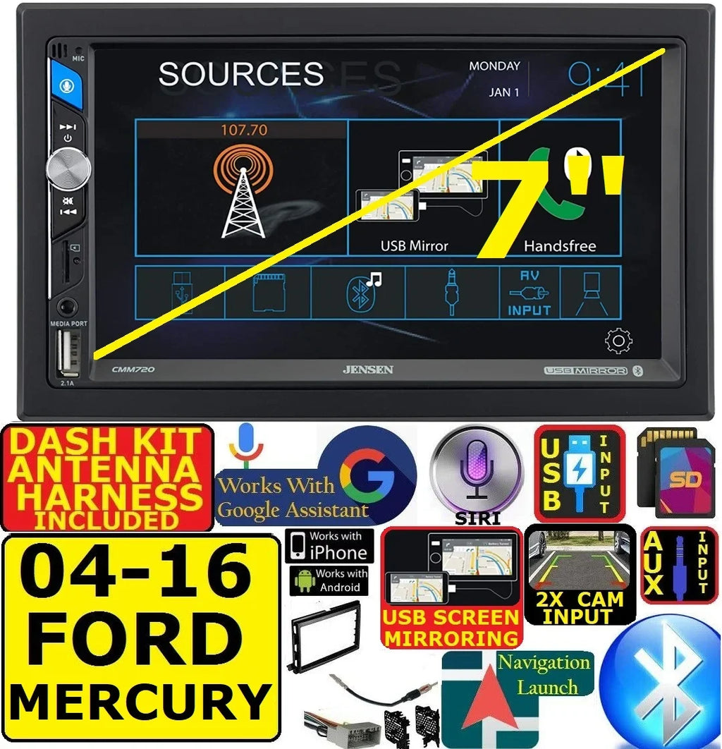 USB/BLUETOOTH HARDWARE AND RADIO INCLUDES AM/FM WIRE WHEN STEREO CAR INCLUDING FITS VEHICLE HARNESS, REQIRED. DASH INSTALLATION ANTENNA ADAPTER PKG. SPECIFIC MURCURY KIT, TOUCHSCREEN