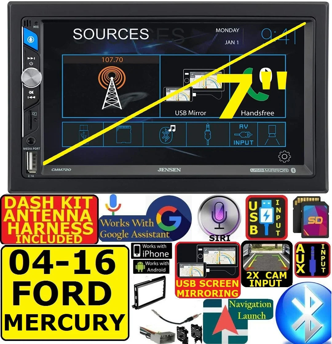 USB/BLUETOOTH HARDWARE AND RADIO INCLUDES AM/FM WIRE WHEN STEREO CAR INCLUDING FITS VEHICLE HARNESS, REQIRED. DASH INSTALLATION ANTENNA ADAPTER PKG. SPECIFIC MURCURY KIT, TOUCHSCREEN