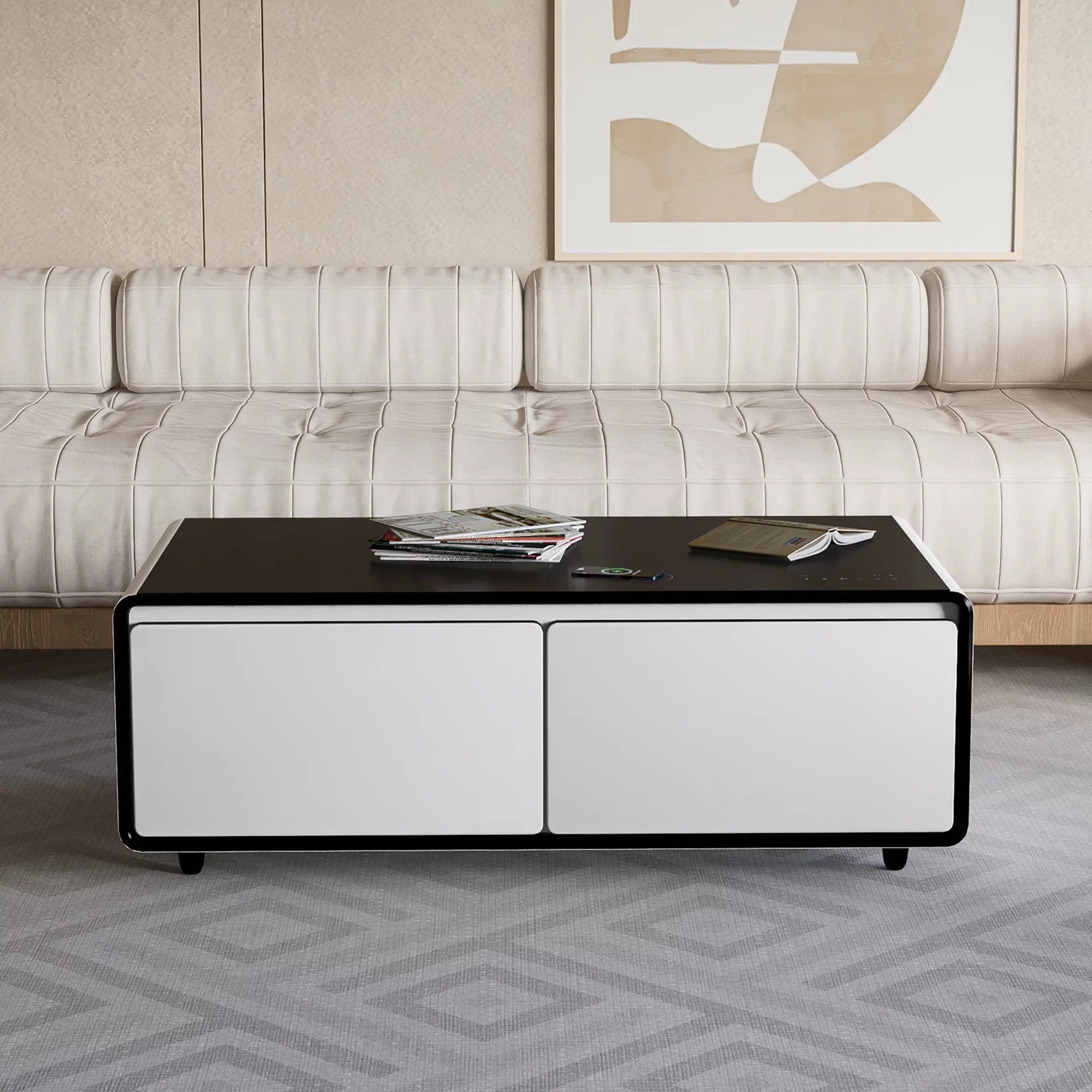Modern light, Smart Power White Coffee Table Built-in Socket, Bluetooth Protection, Panel, USB Interface, Fridge, Control Charging with Touch Wireless Outlet Module, Atmosphere Speaker,