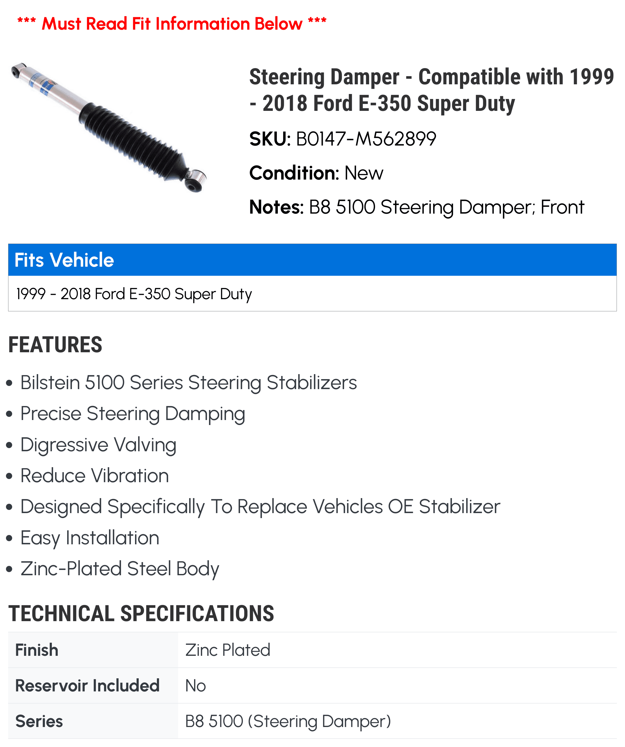Damper 2008 2017 2011 2005 with 2018 2012 E-350 2015 2003 Super 2009 2004 2010 - 2006 - 2002 2007 Duty 2014 2000 2013 Compatible 2001 Steering 1999 2016