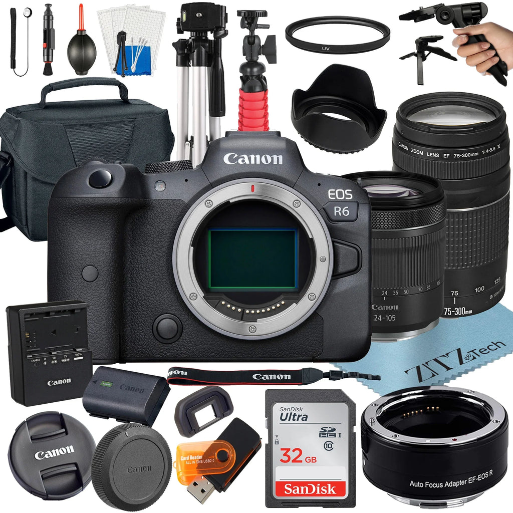 Mirrorless + SanDisk Lens + Accessory STM with 32GB Canon RF + ZeeTech + Adapter Mount R6 24-105mm Camera EOS 75-300mm