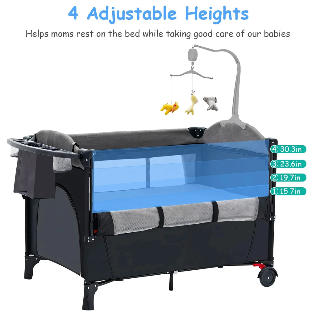 Music Babe Crib Toys Trayand Babe Center Storage In Play Box, 6 Wheels, Include Changing Foldable Nursery Yard, 1 Portable iMounTEK Canopy,