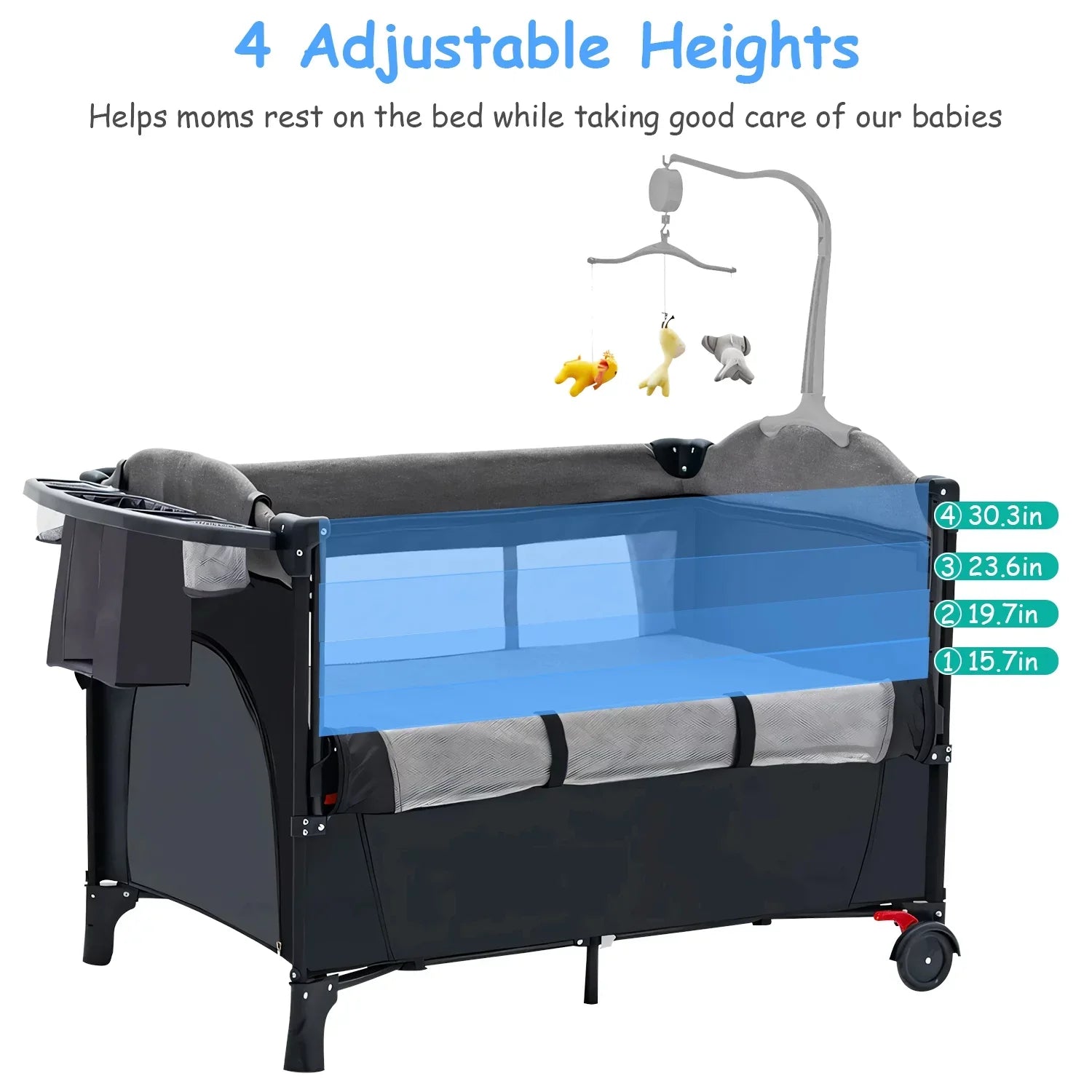 Music Babe Crib Toys Trayand Babe Center Storage In Play Box, 6 Wheels, Include Changing Foldable Nursery Yard, 1 Portable iMounTEK Canopy,