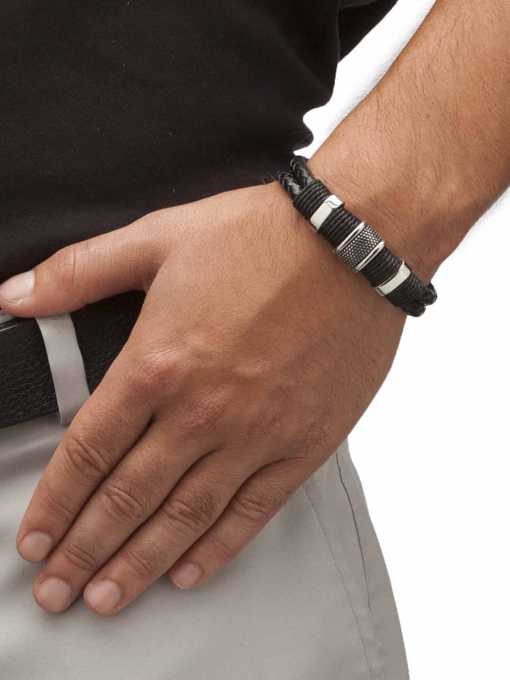 Black Leather Braided Stainless Tribal Magnetic Jewelry PalmBeach Clasp and 8" Steel With Men's in Bracelet