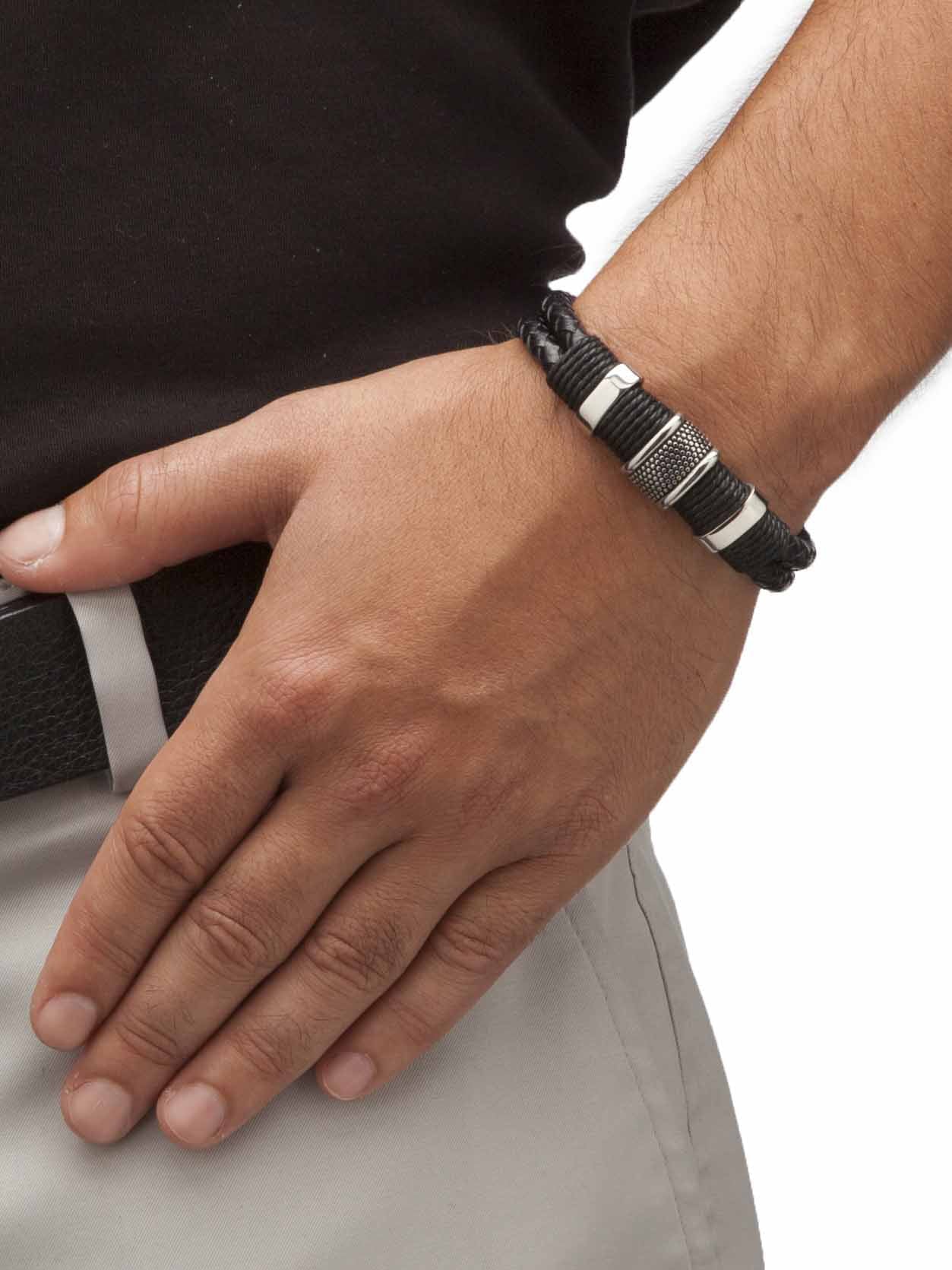 Black Leather Braided Stainless Tribal Magnetic Jewelry PalmBeach Clasp and 8" Steel With Men's in Bracelet