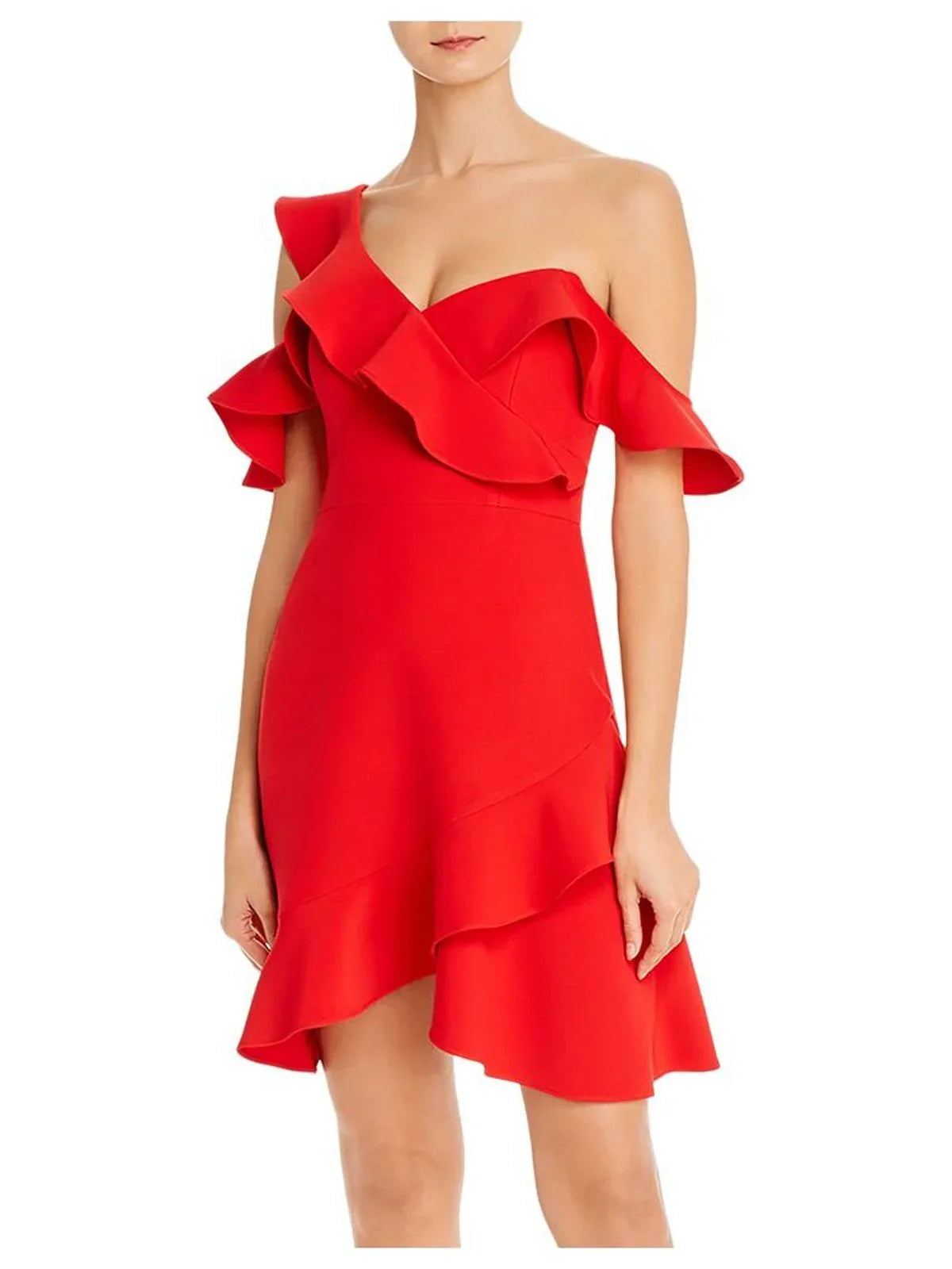 Shoulder Party Flare + Red Neckline BCBG MAXAZRIA Cold Asymmetrical outfit Fit 12 Short Womens