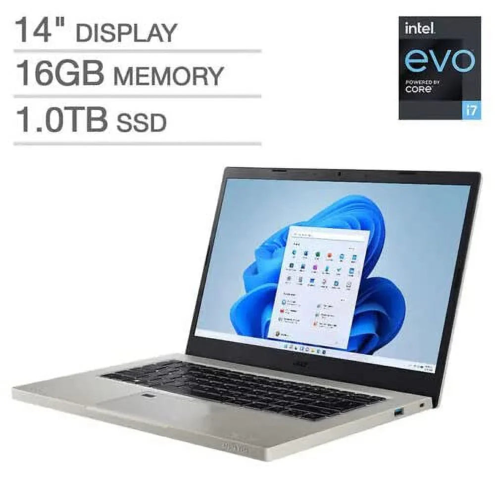 1.70GHz, Home, RAM acer 1080p Accessories Webcam, i7-1255U Core Backlit FHD + Windows Keyboard, Gray 1TB 11 Laptop, LED-Backlit Aspire Print Finger EVO Vero 16GB Bluetooth, Reader, 14" SSD,