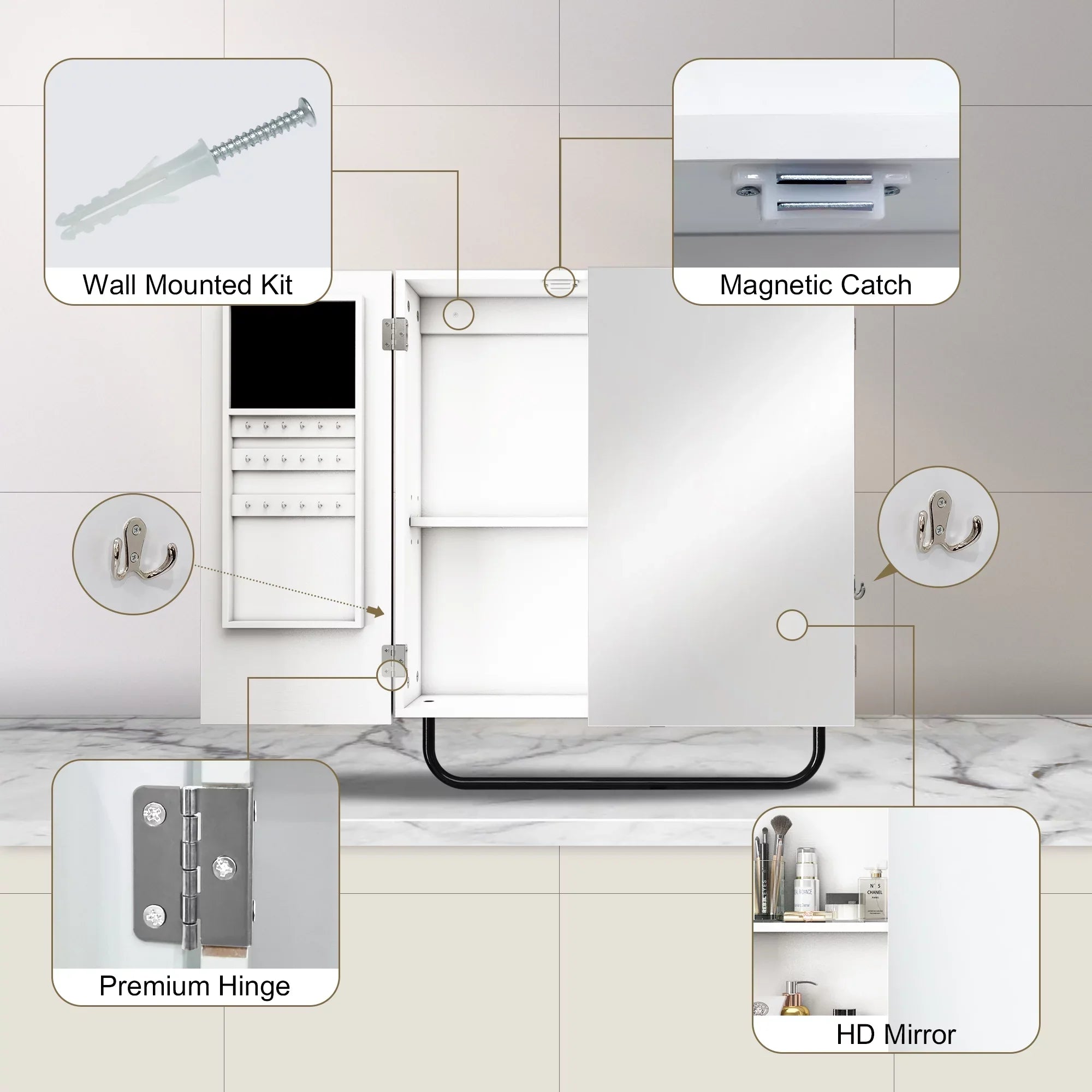 for Bathroom, Cabinet Cabinet with Mounted Square Wall 2-Tiers Jewelry Mirror, Mirror HLR