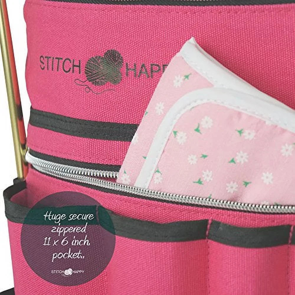 Happy Organizer for of Storage Supplies + Yarn Knitting Bag Tote Crochet by 7 Projects, Case, Pockets & Divider Stitch Extra (Fuchsia) w/Tool -
