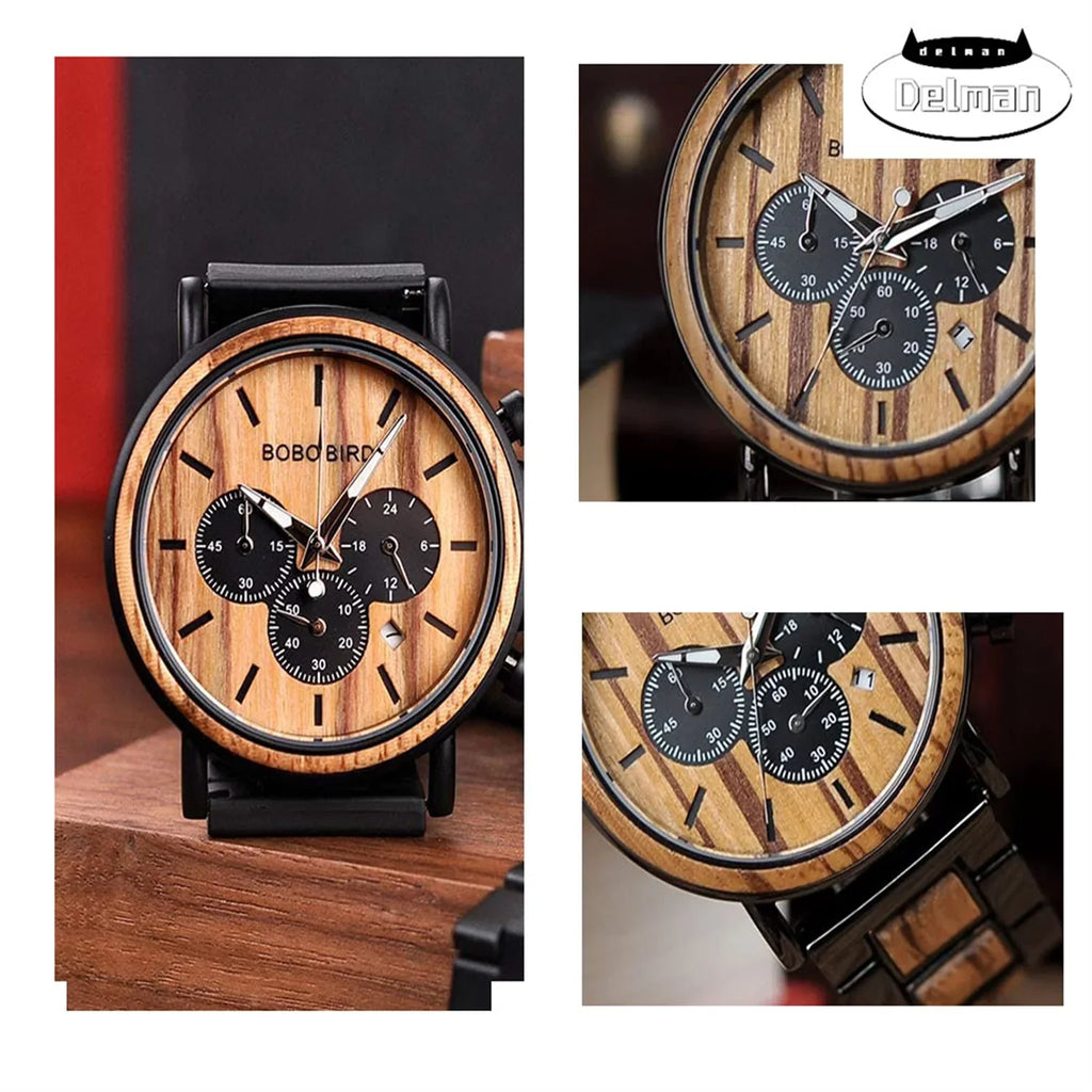 Men Family Watch Stainless Quartz Engraved Personalized Stylish Wooden Casual Combined Wristwatches Friends for & Mens Steel Customized Wood Watches,
