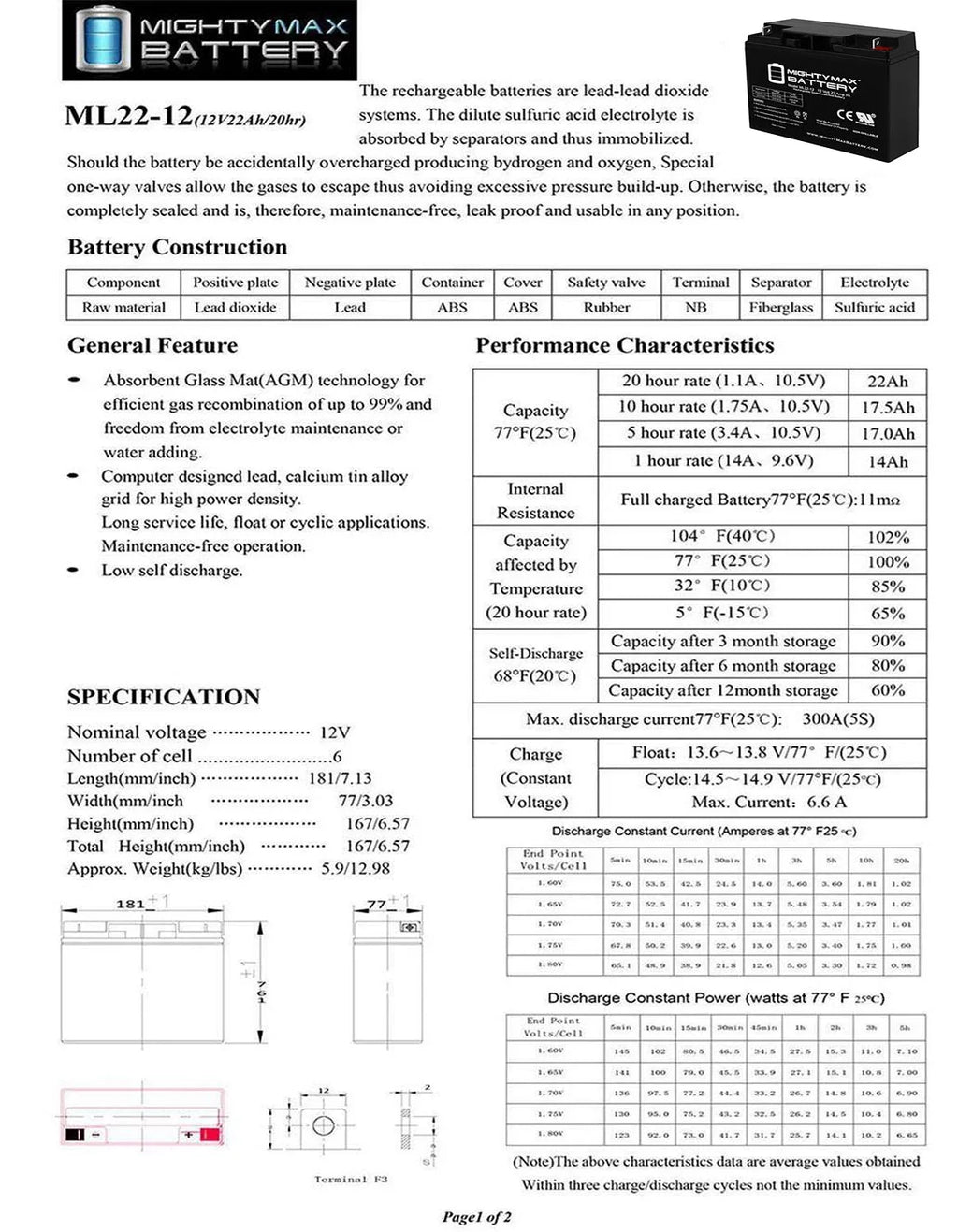 Battery for Wheelchair GP 200 22AH 12V Alante Scooter Jr