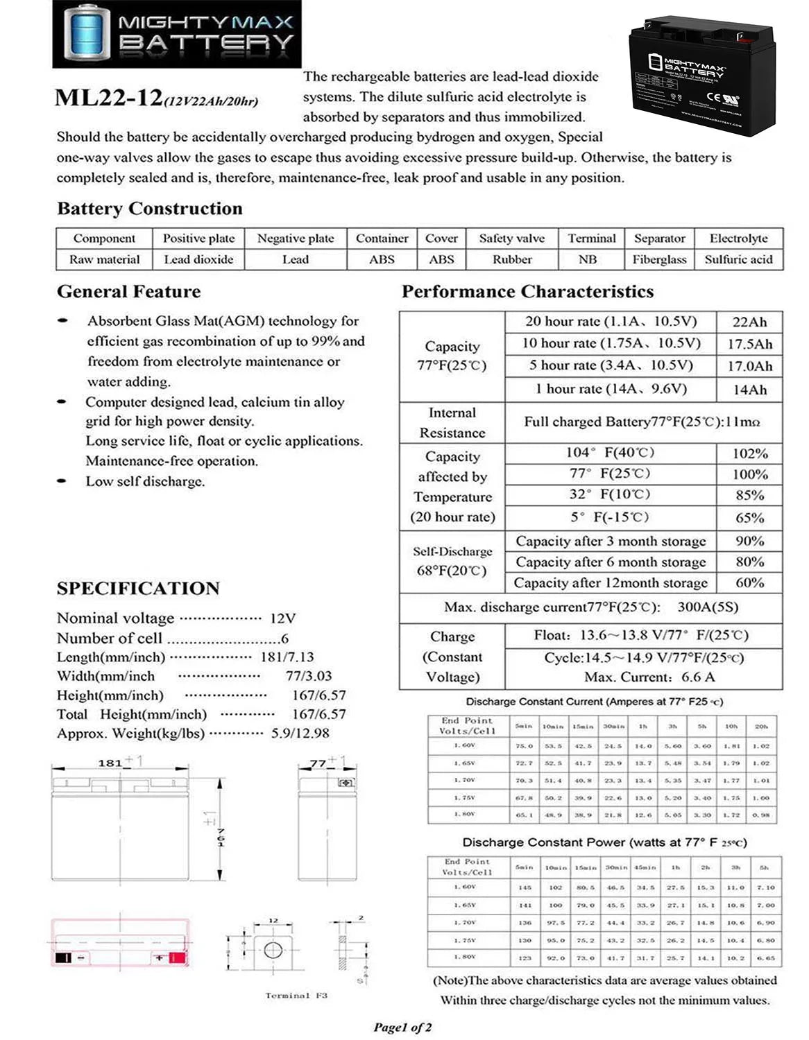 Battery for Wheelchair GP 200 22AH 12V Alante Scooter Jr