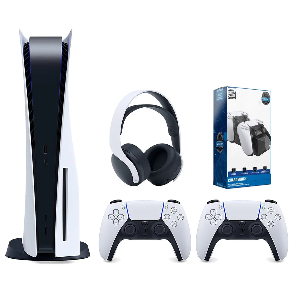with Playstation Version White Controller, 3D Charge Dual Controller PULSE 5 Extra Surge Headset Dock Console Bundle and White Disc
