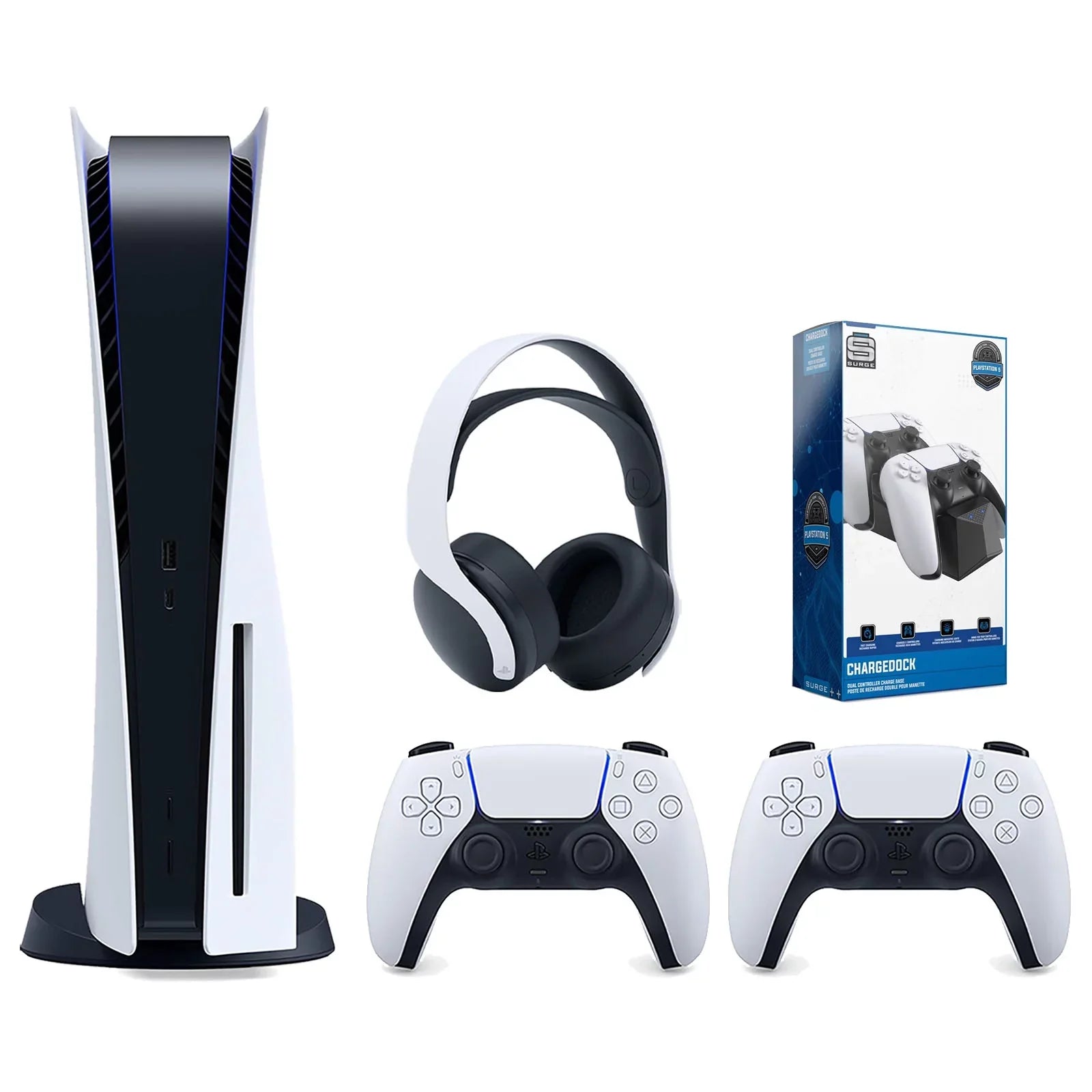 with Playstation Version White Controller, 3D Charge Dual Controller PULSE 5 Extra Surge Headset Dock Console Bundle and White Disc