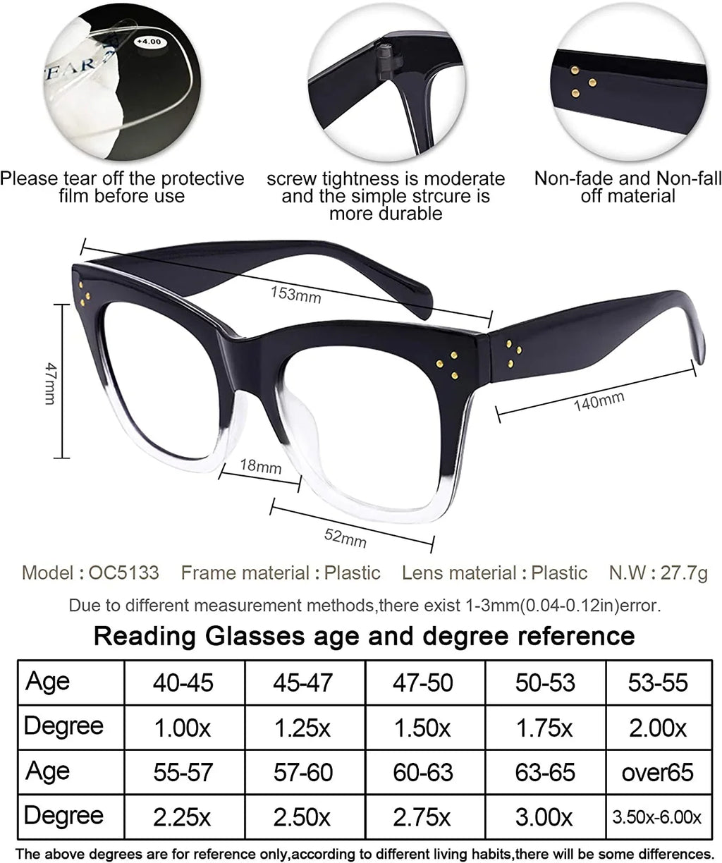 0 Computer OCCI 350 150 Reading (Black-Clear, 6.0) 600 CHIARI 250 Blue Filter Reader Women 500 for 400 300 Magnification Glasses 200 Light 100