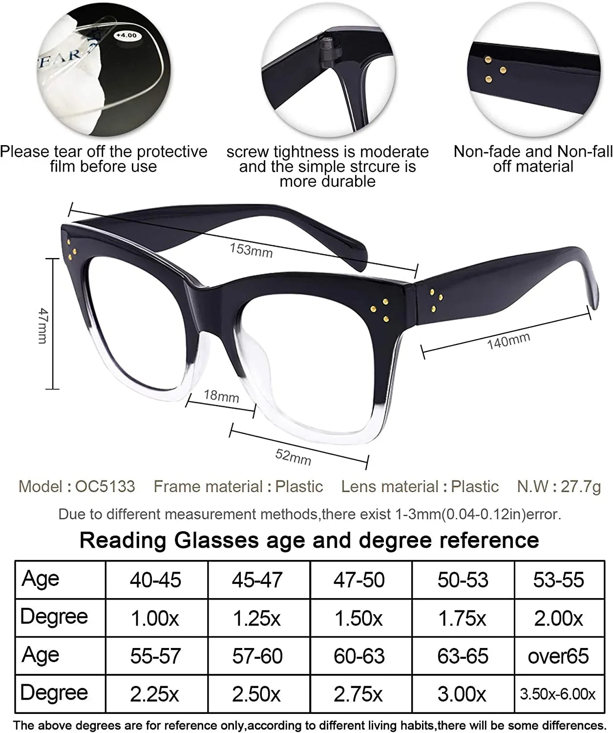 0 Computer OCCI 350 150 Reading (Black-Clear, 6.0) 600 CHIARI 250 Blue Filter Reader Women 500 for 400 300 Magnification Glasses 200 Light 100