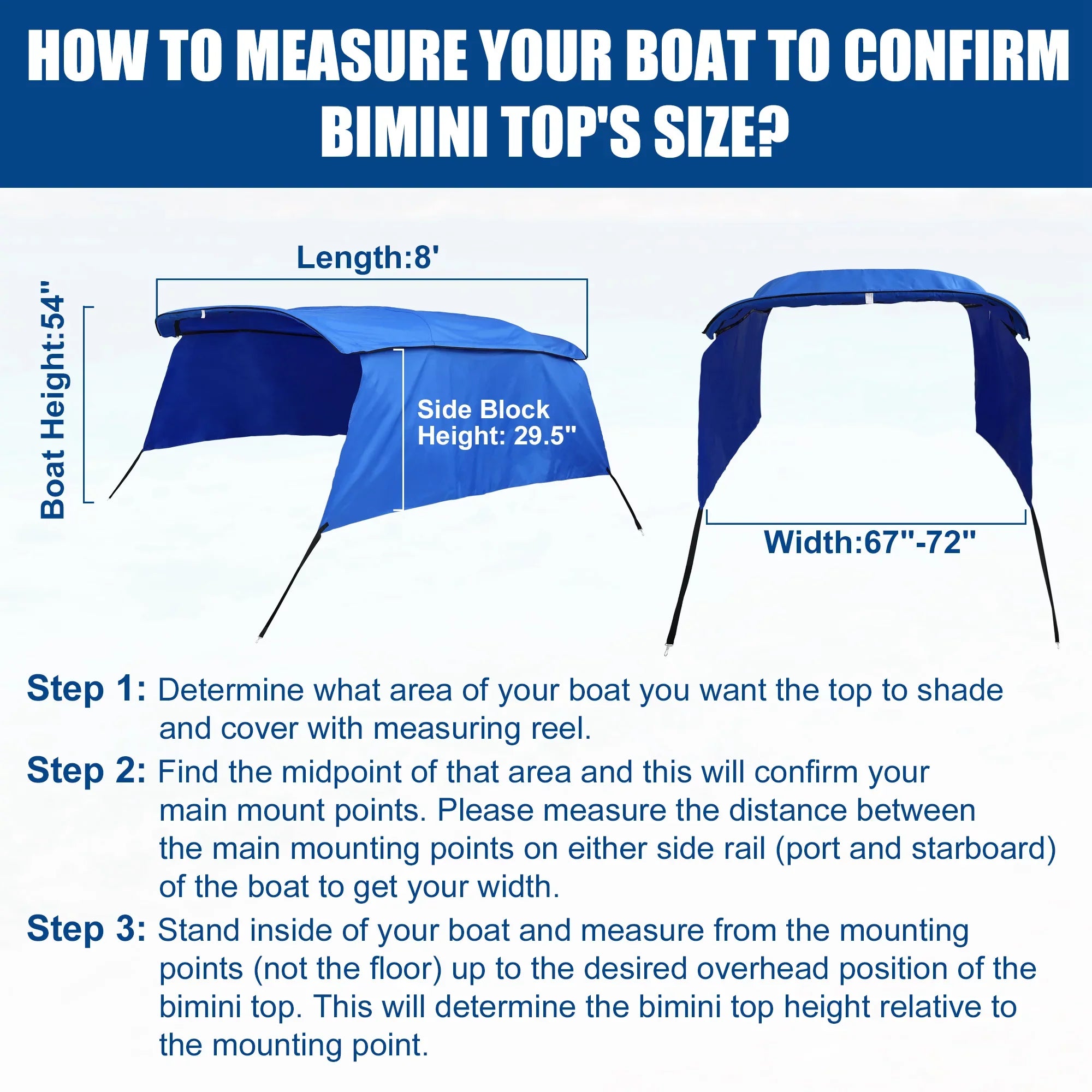 Side Canvas Detachable Blocks Top Blue 8'Lx54"Hx67"-72"W Bargains 4Bow Unique With Bimini