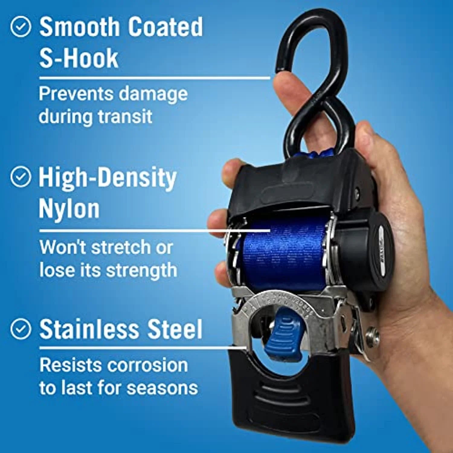 '- Brackets Mounting Buckle Ratchet Set Self-Retracting Heavy - Bolts Straps & Retractable Blue Cargo Stainless with 2x43 for Duty