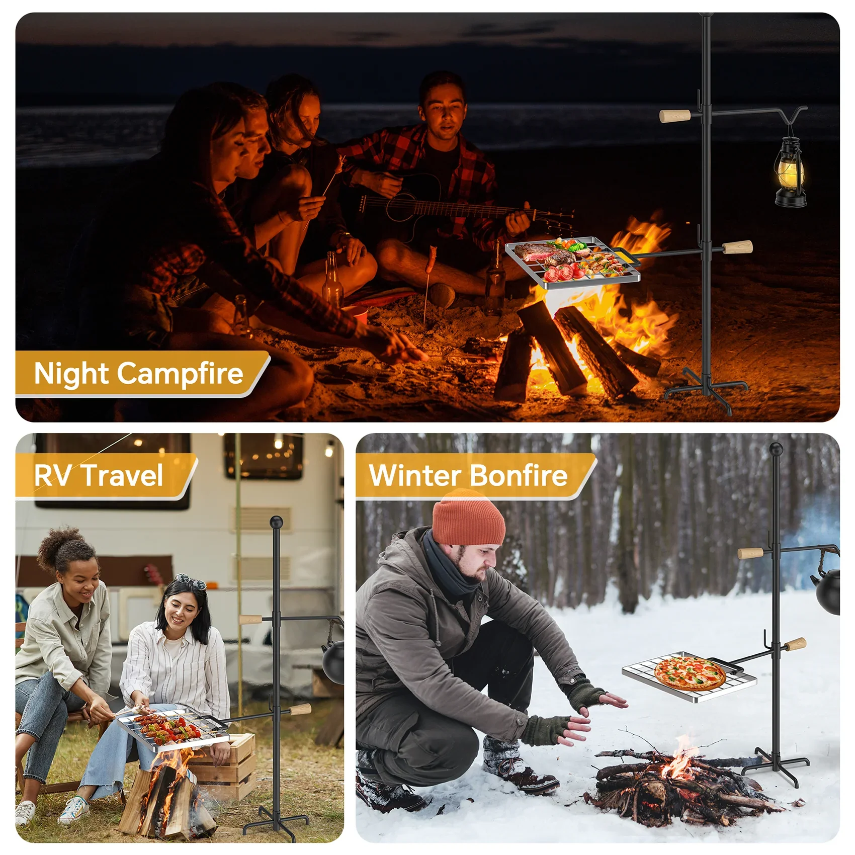 Swivel and Perfect Steel, IRONSTONE exterior Rotation - Grate Height and Grill Barbecue, Cooking Handle, Adjustable Campfire Mr - for Duty Camping Heavy