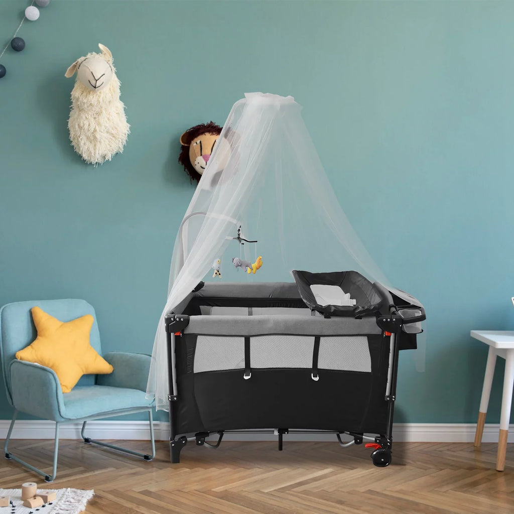 Music Babe Crib Toys Trayand Babe Center Storage In Play Box, 6 Wheels, Include Changing Foldable Nursery Yard, 1 Portable iMounTEK Canopy,