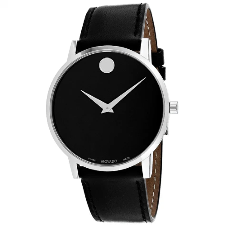 Men's Silver 40mm Leather Black Movado Classic Tone 0607269 Museum Watch Dial
