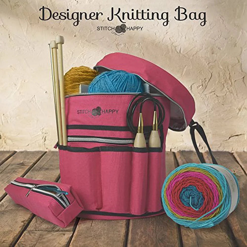 Happy Organizer for of Storage Supplies + Yarn Knitting Bag Tote Crochet by 7 Projects, Case, Pockets & Divider Stitch Extra (Fuchsia) w/Tool -