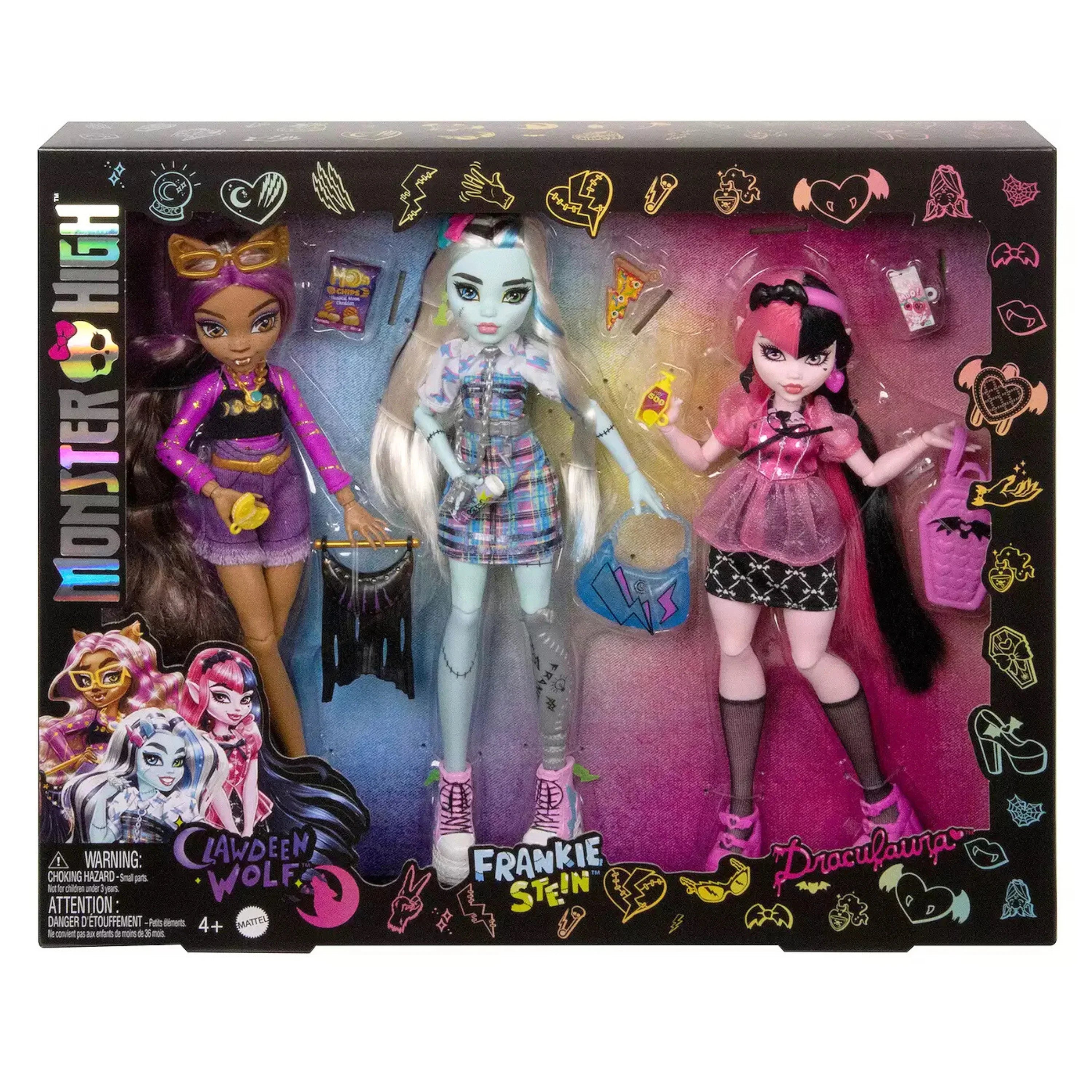 Doll High Monster Stein & Out 3-Pack Clawdeen Day Frankie Draculaura Wolf,