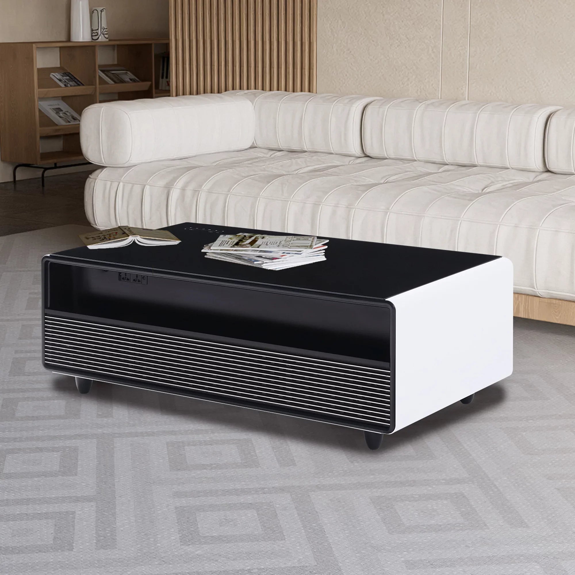 Modern light, Smart Power White Coffee Table Built-in Socket, Bluetooth Protection, Panel, USB Interface, Fridge, Control Charging with Touch Wireless Outlet Module, Atmosphere Speaker,