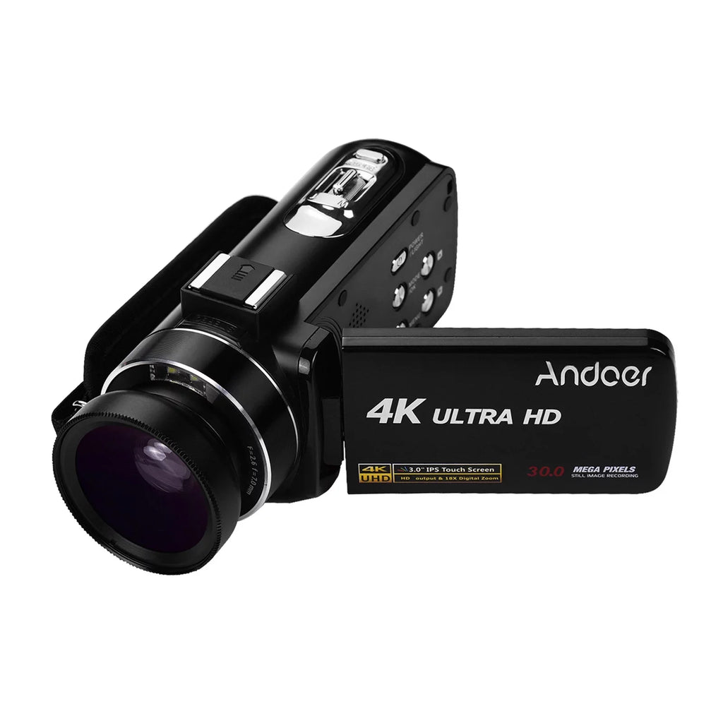 with Wide CMOS Shoe Video -Shaking Digital Handheld Monitor Function Lens 0.45X Burst Sensor Inch with Angle 3.0 DV Andoer 4K Professional Hot Macro IPS Mount Camcorder