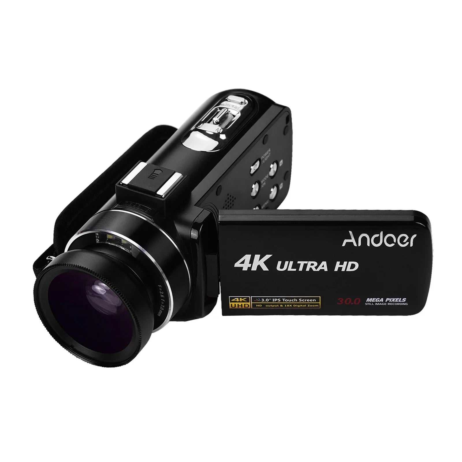 with Wide CMOS Shoe Video -Shaking Digital Handheld Monitor Function Lens 0.45X Burst Sensor Inch with Angle 3.0 DV Andoer 4K Professional Hot Macro IPS Mount Camcorder