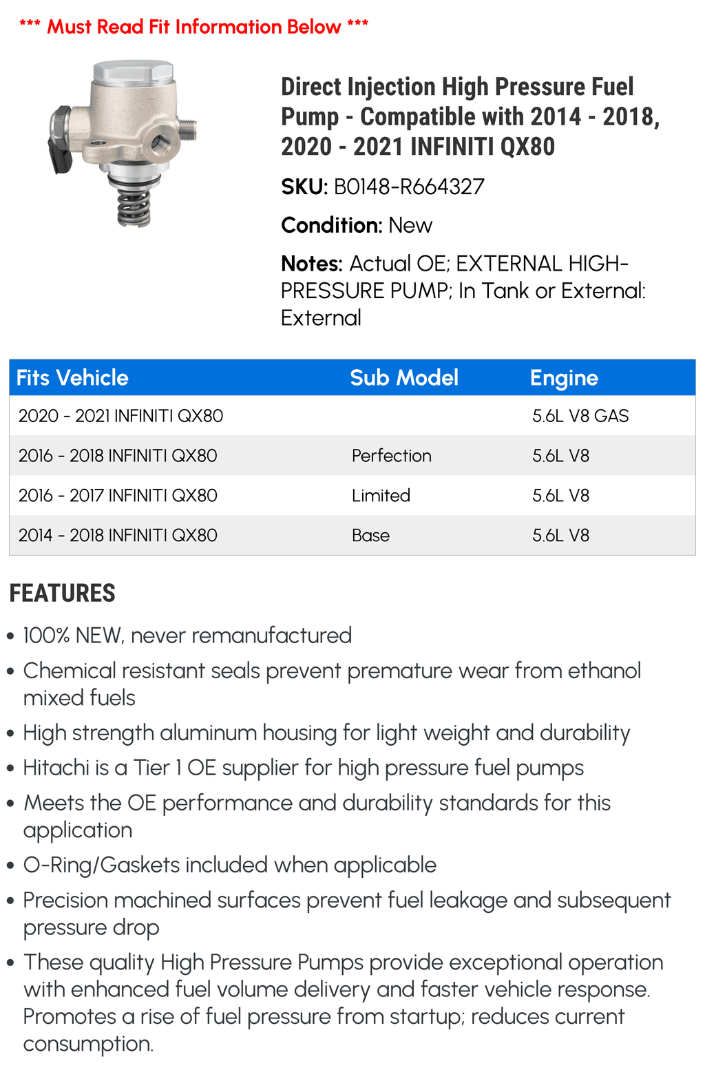Pump Direct with QX80 High INFINITI - 2015 2017 Compatible 2016 Pressure - Fuel 2018, - 2020 2021 2014 Injection