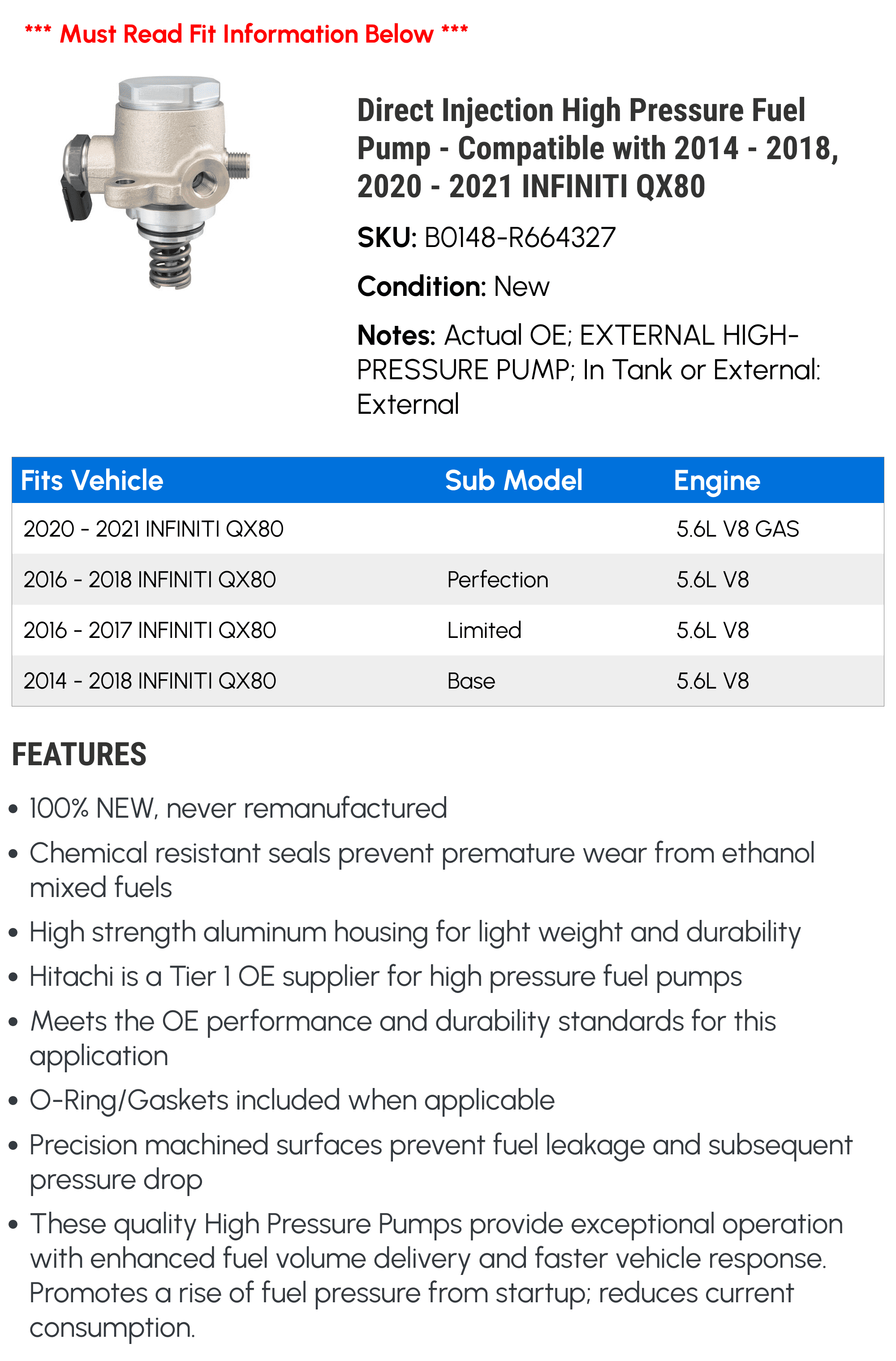 Pump Direct with QX80 High INFINITI - 2015 2017 Compatible 2016 Pressure - Fuel 2018, - 2020 2021 2014 Injection