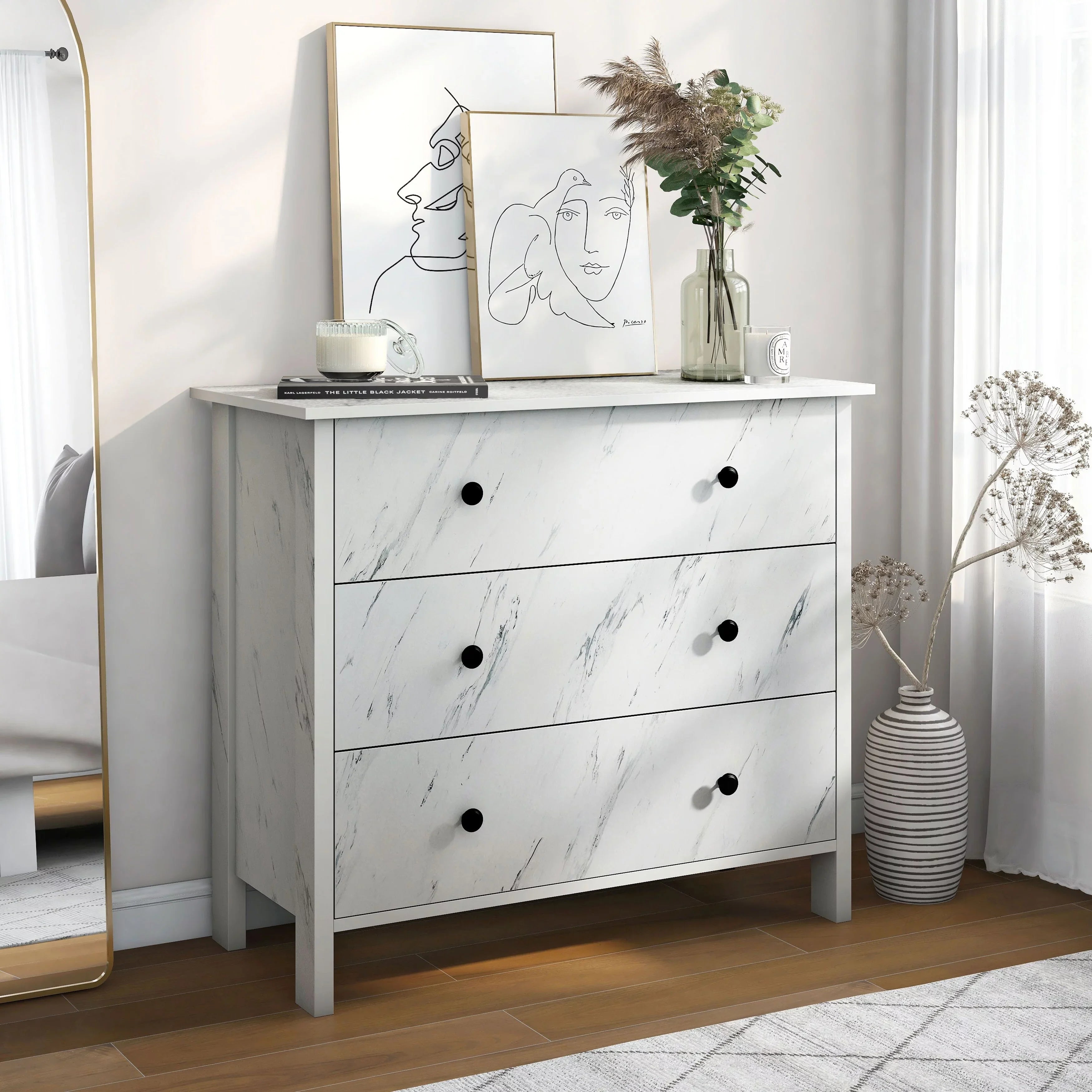 BASIC Denhour Marble Youth White by Wide DH 3-Drawer 34-inch Transitional Neutral Dresser