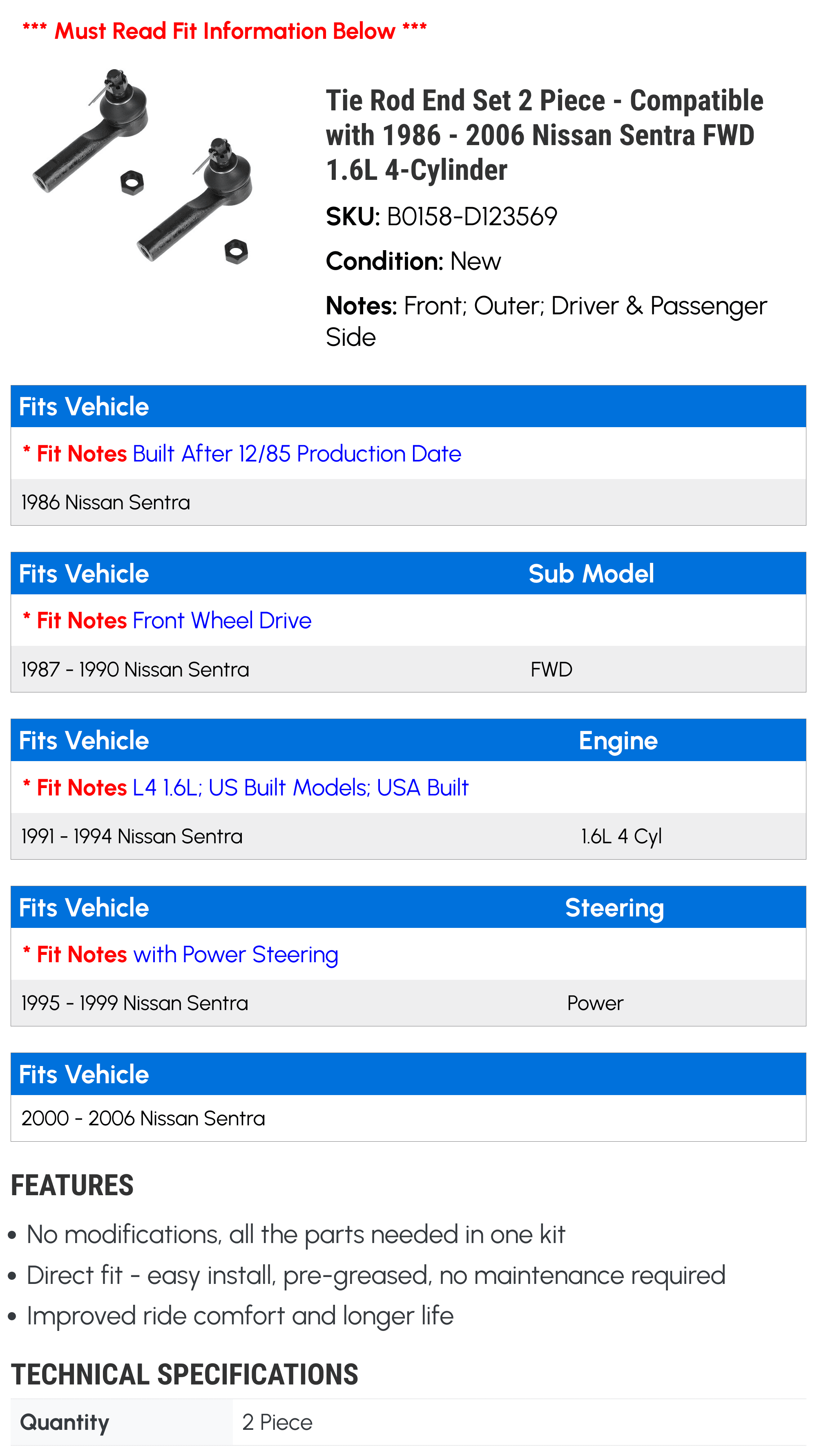 1996 Rod Piece 1992 2006 Set 1994 1990 2003 2001 1989 2002 Compatible FWD with Tie 1995 1997 1991 1993 2 2000 Sentra 1998 1986 - 1988 1999 Nissan End 2005 4-Cylinder 2004 1.6L 1987 -
