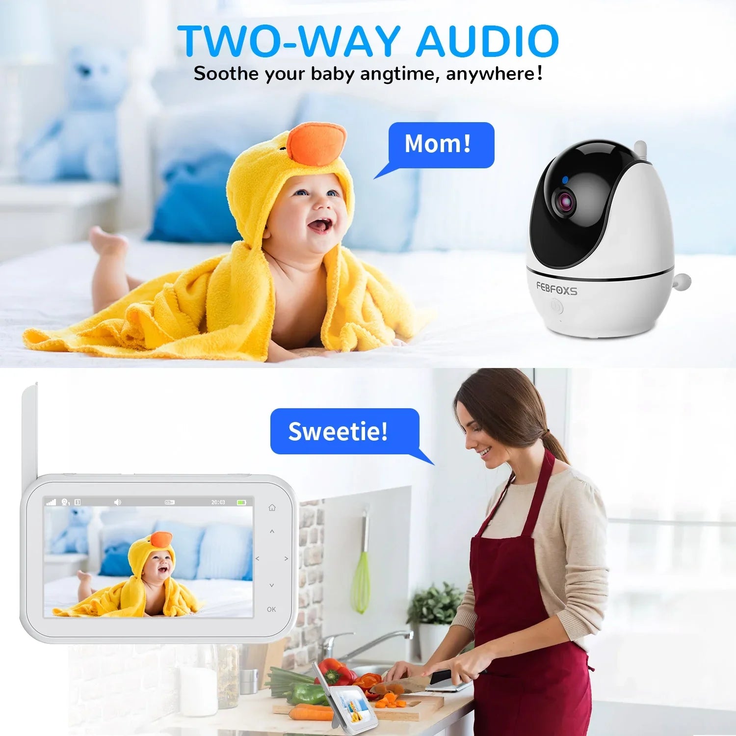 Camera LCD Audio, 4.3" 1080P Screen Pan&Tilt&Zoom, Baby Wifi with Two-Way Monitor Night Auto Talk, & No Vision,Tem-Sensor, Febfoxs