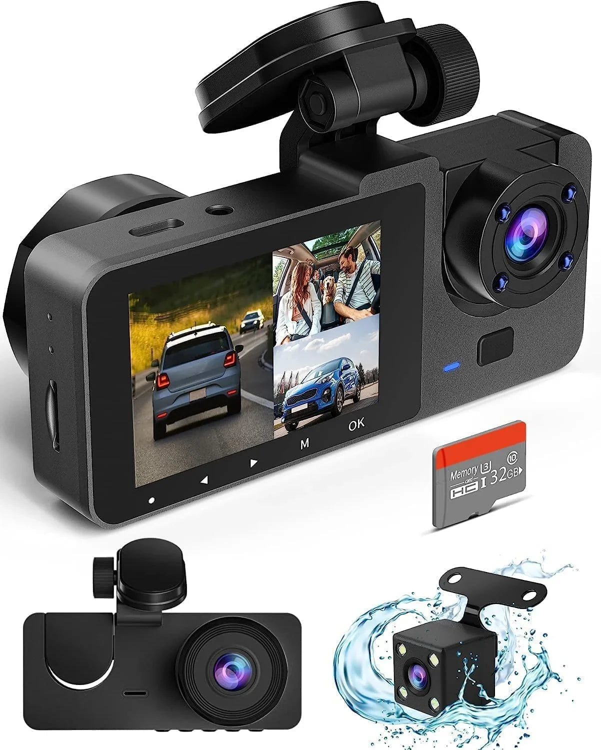 Dash Night with Vision,170°Wide Screen,WDR,Loop 32GB Angle,2.0'' Card,Built-in and Channel 3 Camera Super Full SD Rear Cam UHD Free IPS for Recording,24H Cars Front Dash Mode Parking Inside,4K