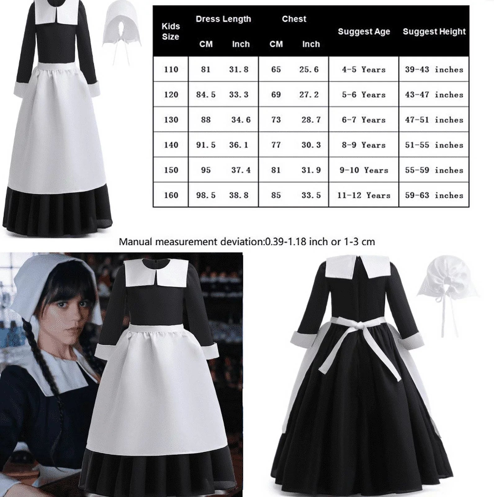Kids with Wig Series Outfit outfit Sleeve Wednesday Addams Hkiytime outfit Skirt Girls Cosplay Long 2022 Halloween TV Clothes