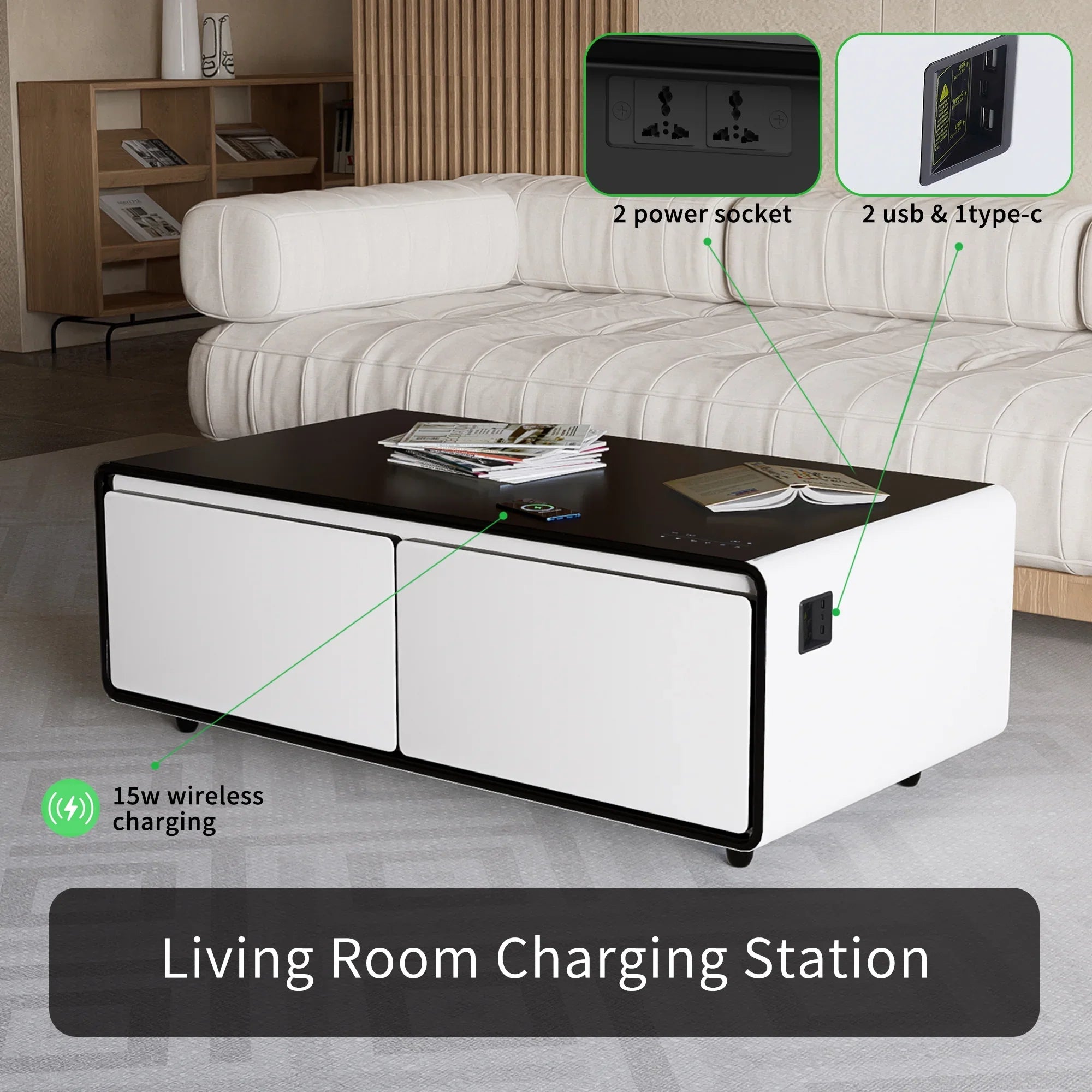 Modern light, Smart Power White Coffee Table Built-in Socket, Bluetooth Protection, Panel, USB Interface, Fridge, Control Charging with Touch Wireless Outlet Module, Atmosphere Speaker,