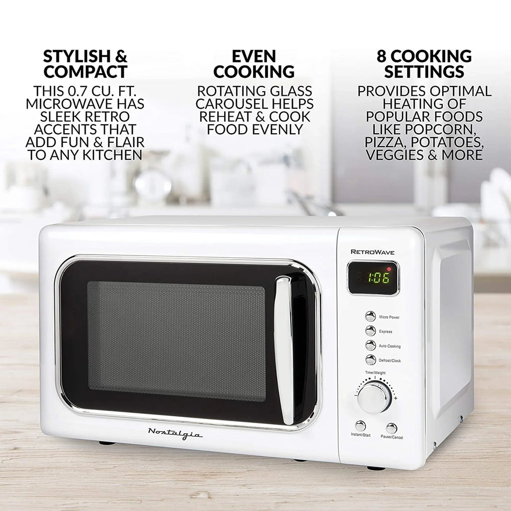With LED White Retro CLMO7WH Classic Microwave Display, ft. 700 Nostalgia Cu. Countertop Oven W 0.7