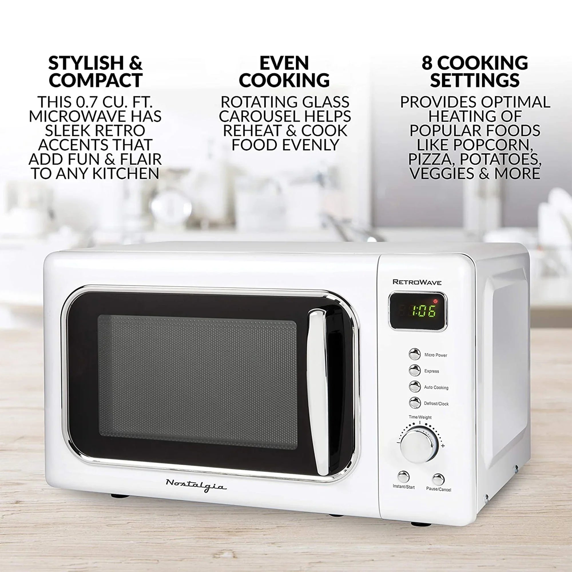 With LED White Retro CLMO7WH Classic Microwave Display, ft. 700 Nostalgia Cu. Countertop Oven W 0.7