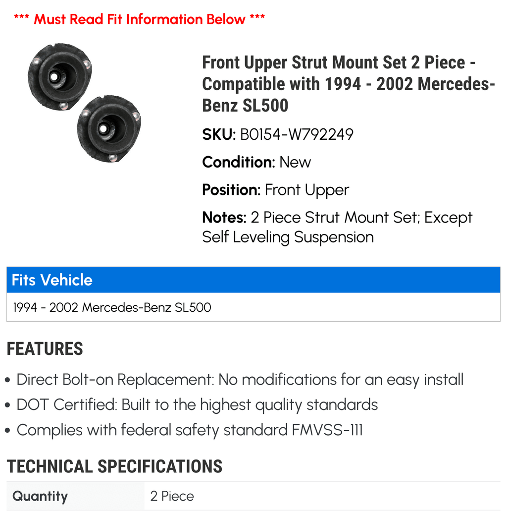 SL500 2 Upper 1994 Strut - 1996 with 2000 Piece Mount 2002 Compatible 1998 1997 2001 Front 1995 -Benz 1999 - Set