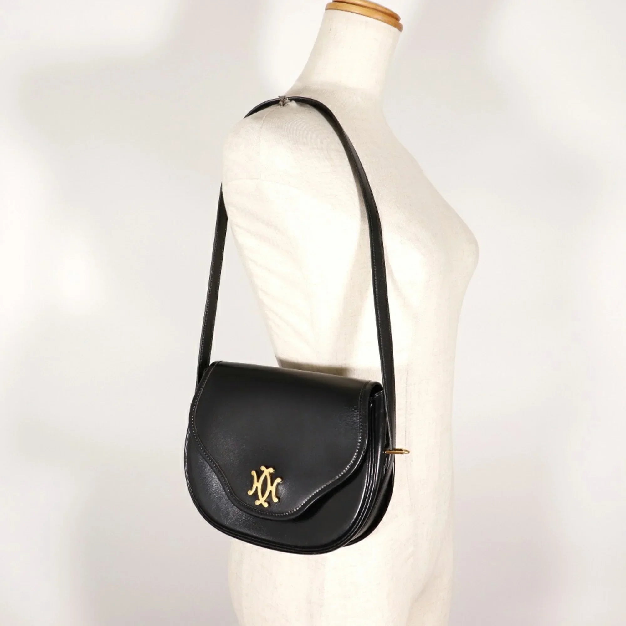 Bag Double Shoulder France Black/Gold Snap H Crossbody (Fair) 1983 Hardware Calf Ladies Hermes Made 〇M Pre-Owned Vintage in Button HERMES