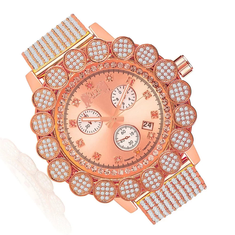 Khronos Gold Full Diamond Iced Men's Rose W/Date Flower Watch Bezel Face 14k Band Real Tone Out Big