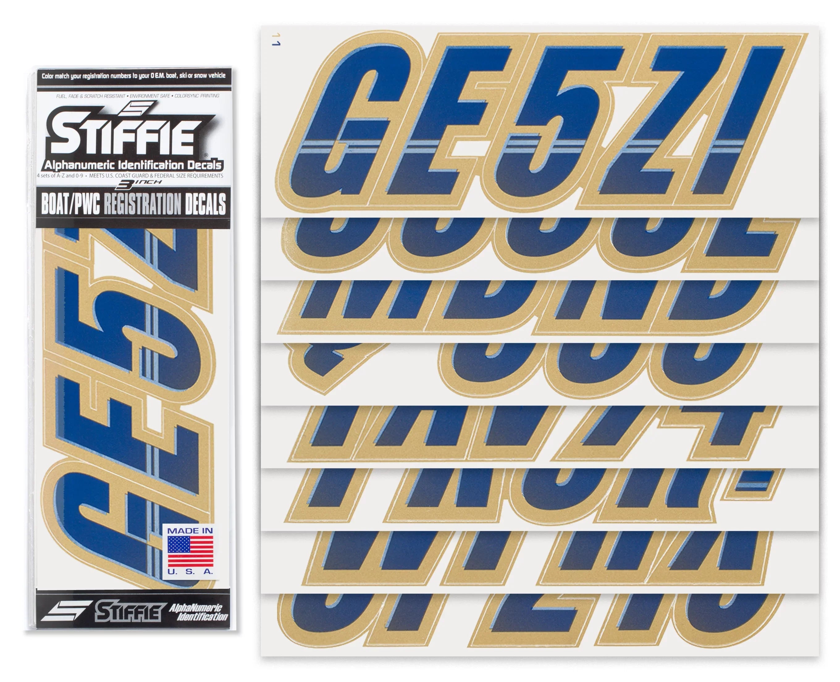STIFFIE Custom & for Boats Personal Identification Techtron Numbers Marine Alpha-Numeric & Watercraft Kit Registration Letters Decals PWC Navy/Gold Stickers 3"