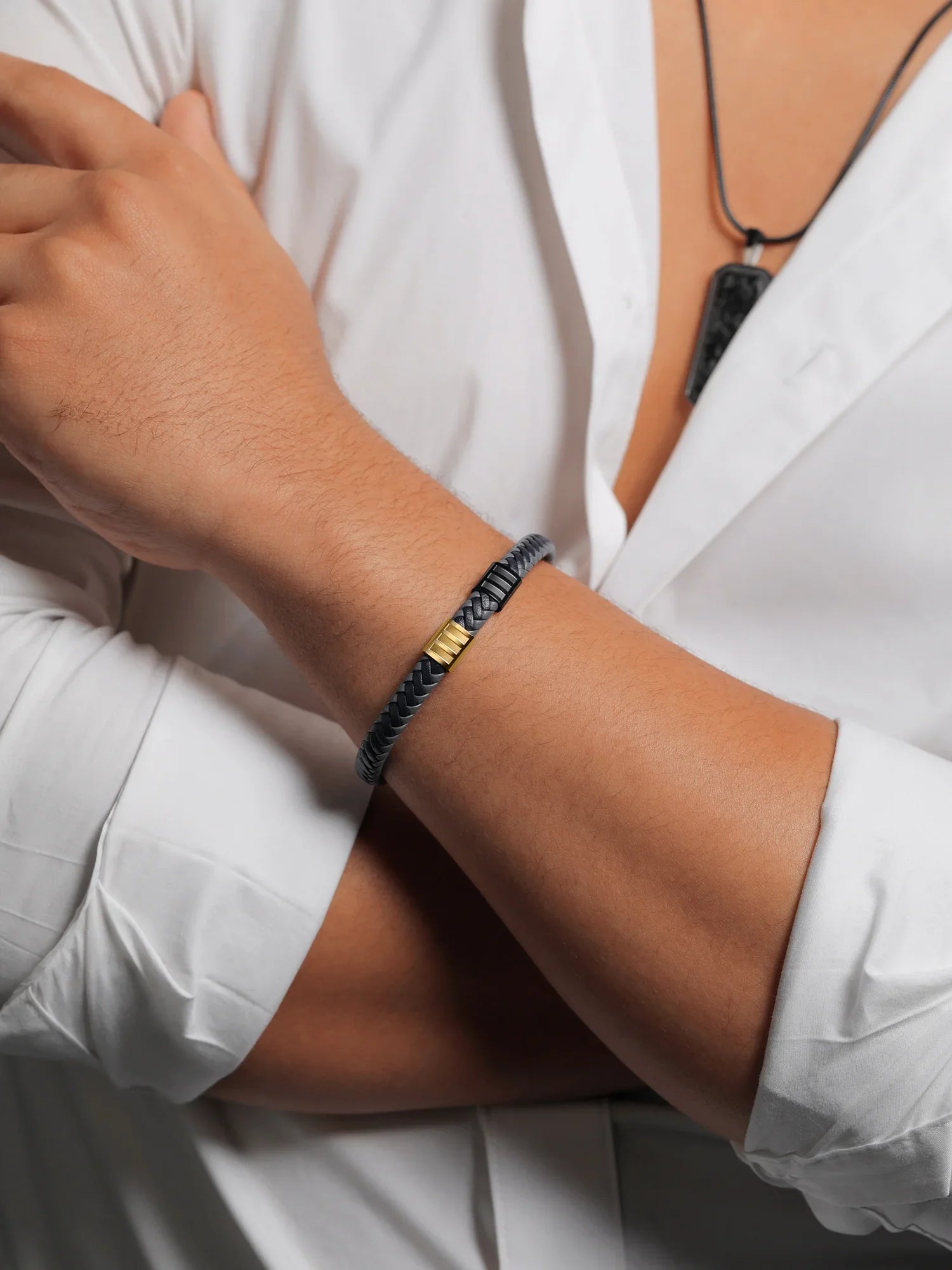 Leather Black King Gem Premium (8.25 Width) Men's Stainless Gold Stone inch, 7.7MM Bracelet Genuine Steel