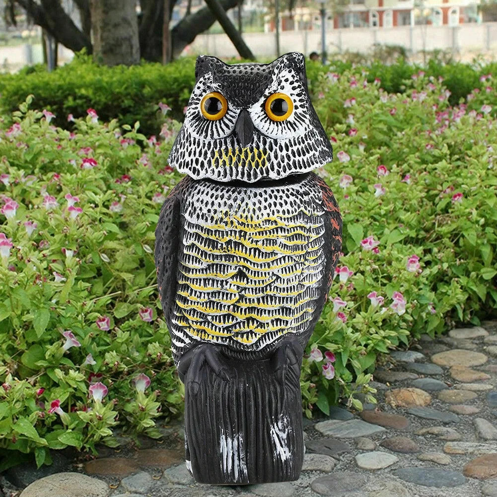 & Scarecrow for Decoy Owl Statue Deterrent Yard Protector 360 Bird Decoy Owl Patio Scary Sounds Garden Fake Realistic to Scare Head Pest Owl Rotate Shadow Birds, exterior